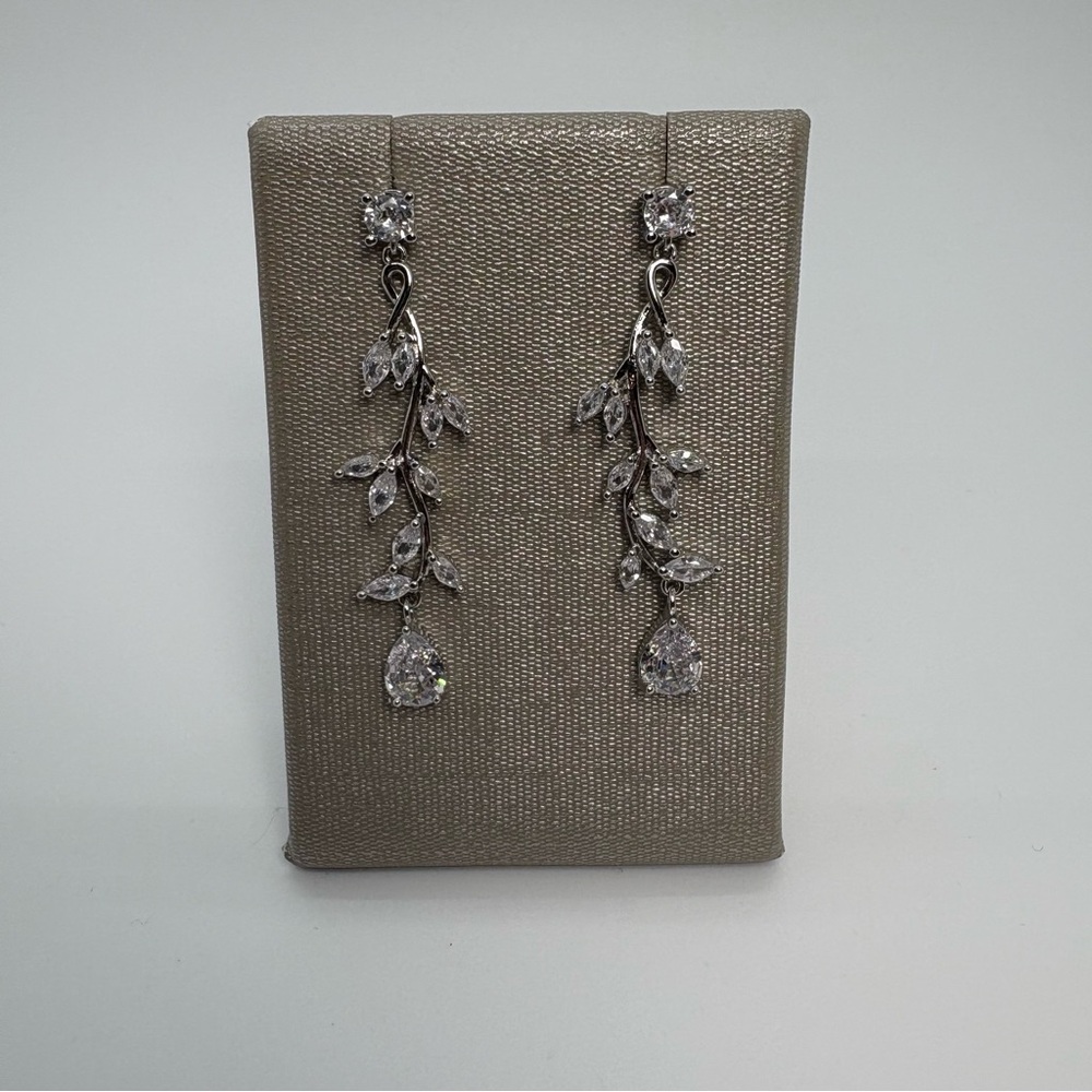 Clear Cubic Zirconia Leaf Vine Dangle Silver Tone Bridal Wedding Earrings